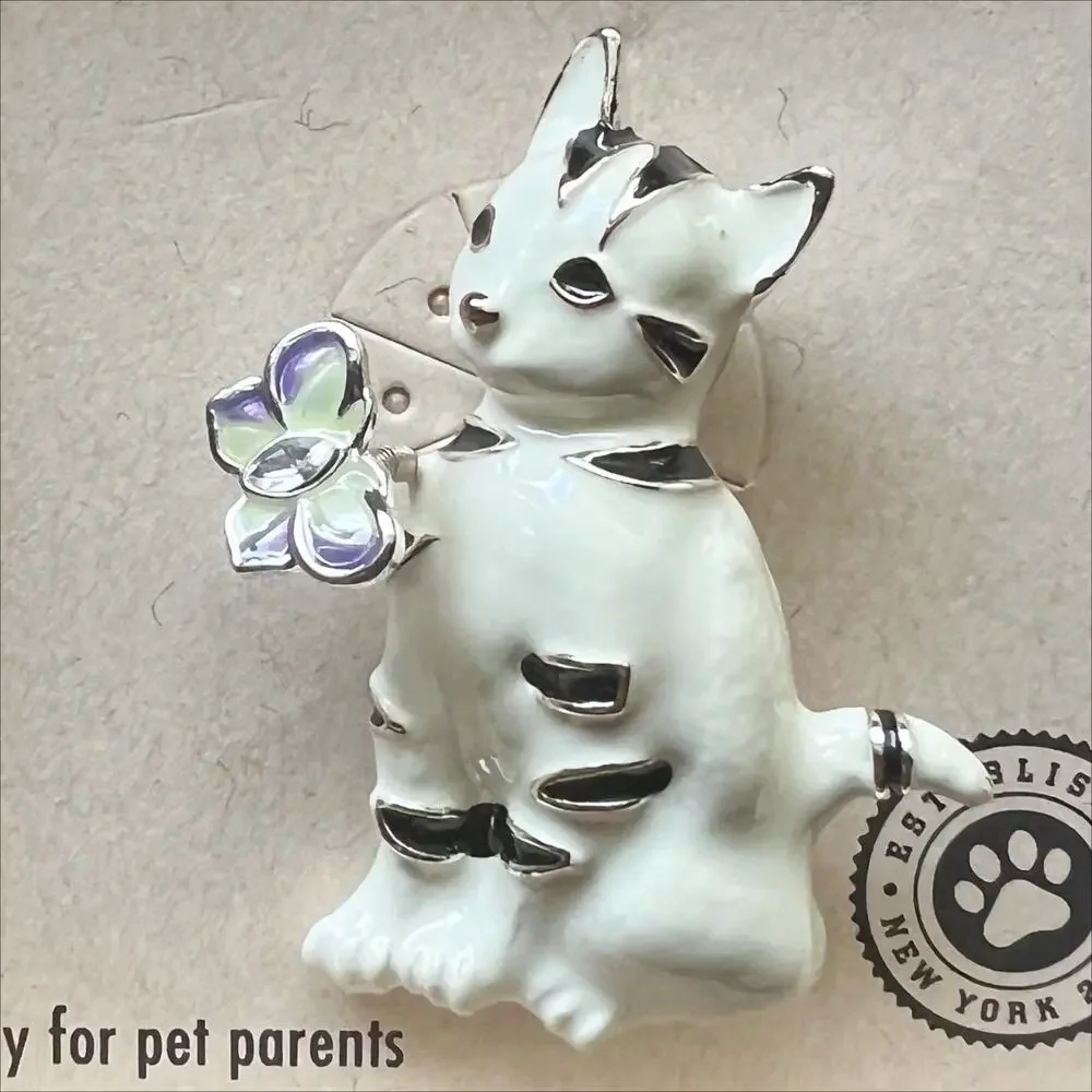 🔥 New in Box Pet Friends Striped Cat with Butterfly Silver Tone Brooch Pin Jewel